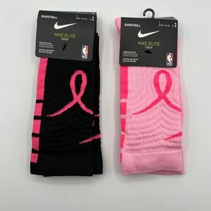 Nike Elite Crew Basketball Socks Black Pink Ribbon Breast Cancer Large L 2 Pairs